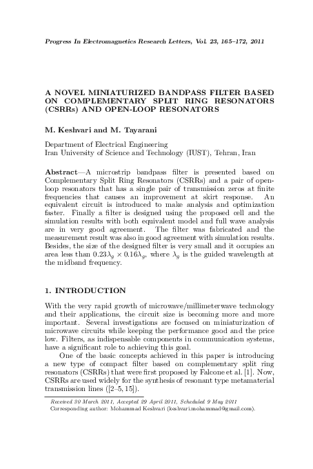 (PDF) A NOVEL MINIATURIZED BANDPASS FILTER BASED ON COMPLEMENTARY SPLIT ...