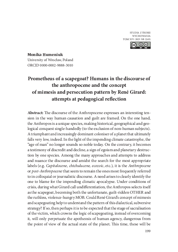 (PDF) M.Humeniuk, Prometheus of a scapegoat? Humans in the discourse of ...