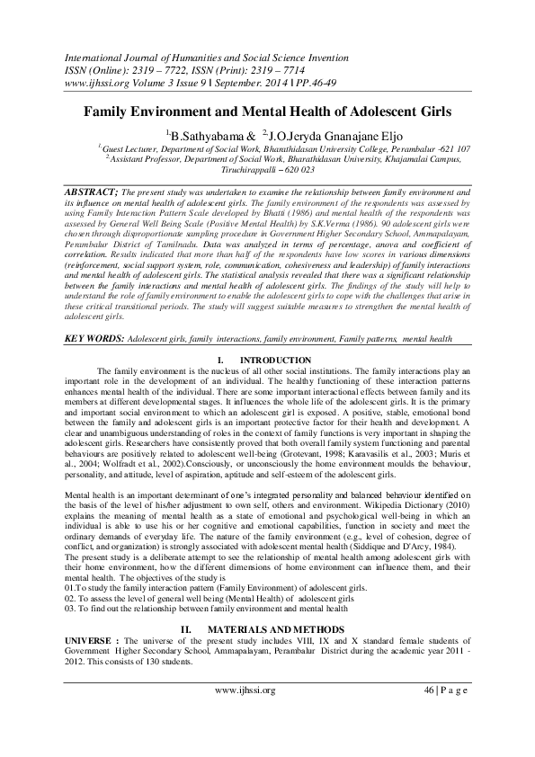 (PDF) Family Environment and Mental Health of Adolescent Girls
