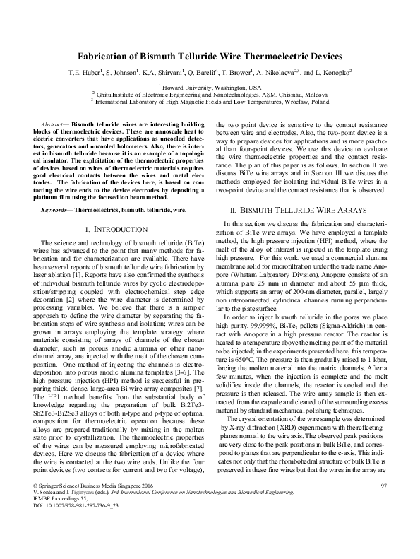 (PDF) Fabrication of Bismuth Telluride Wire Thermoelectric Devices