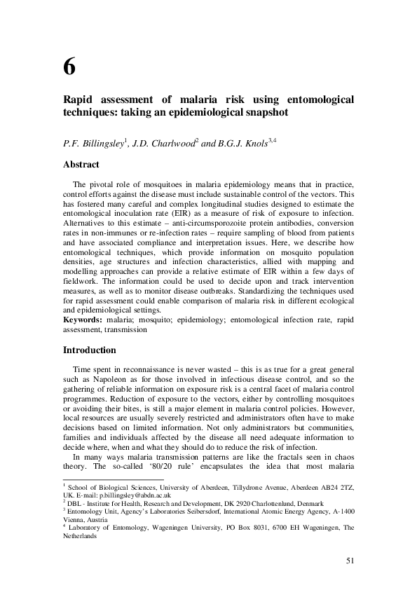 (PDF) Rapid assessment of malaria risk using entomological techniques ...