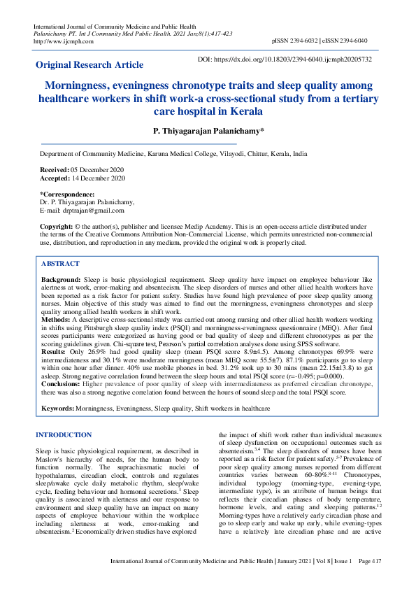 (PDF) Morningness, eveningness chronotype traits and sleep quality ...