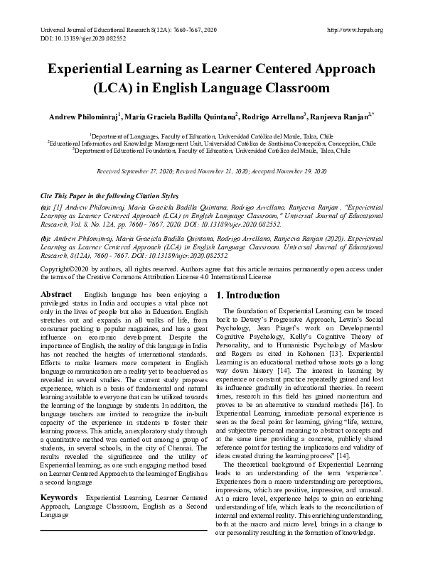 (PDF) Experiential Learning as Learner Centered Approach (LCA) in ...