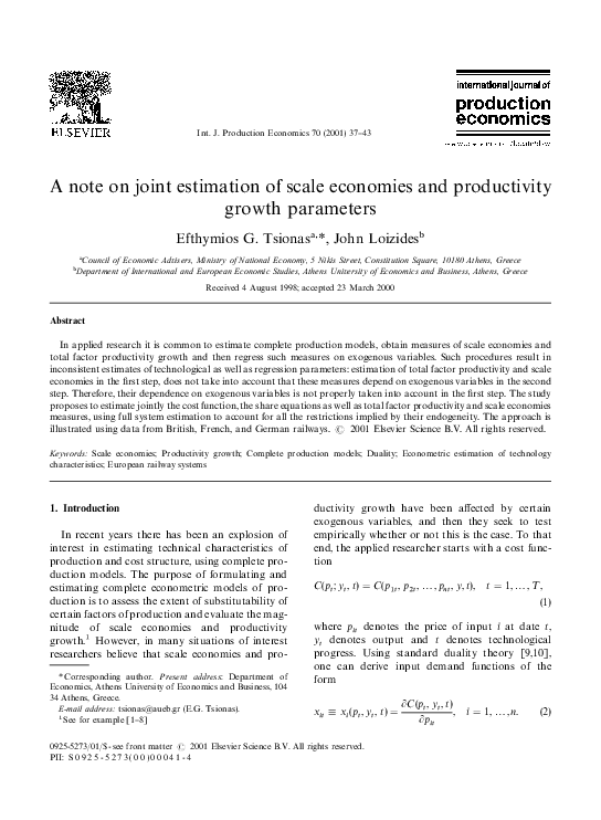 (PDF) A note on joint estimation of scale economies and productivity ...