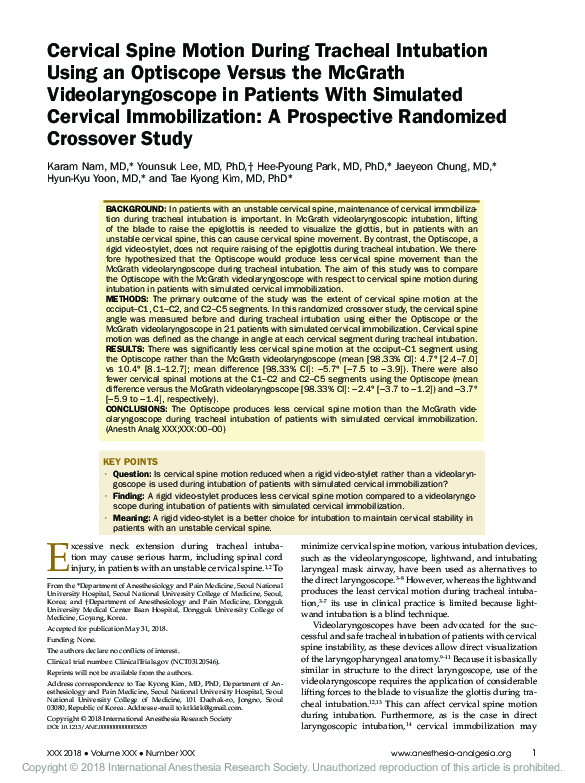 (PDF) Cervical Spine Motion During Tracheal Intubation with Manual In ...