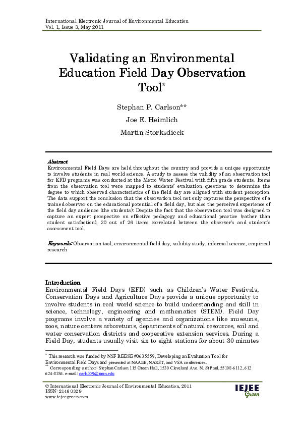 (PDF) Validating an Environmental Education Field Day Observation Tool