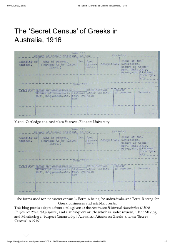 (PDF) Blogpost: The 'Secret Census' of Greeks in Australia, 1916