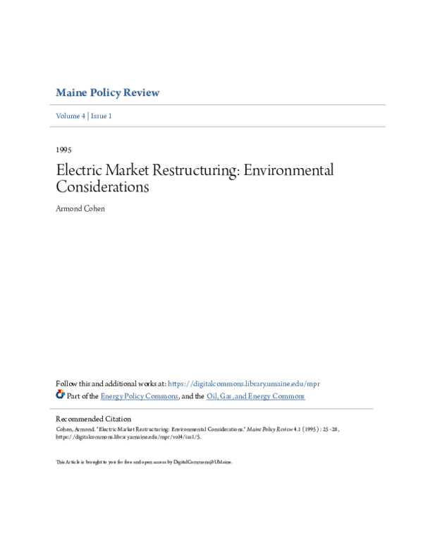 (PDF) Electric Market Restructuring: Environmental Considerations