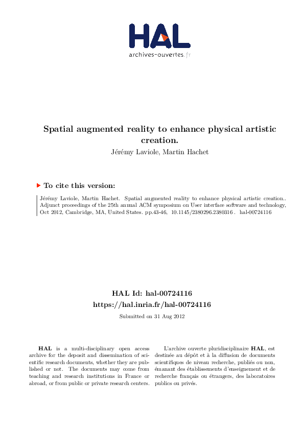 (PDF) Spatial augmented reality to enhance physical artistic creation