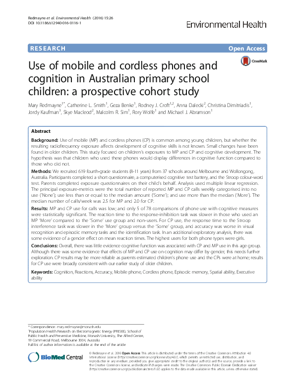 (PDF) Use of mobile and cordless phones and cognition in Australian ...