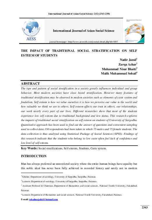 (PDF) The Impact of Traditional Social Stratification on Self Esteem of ...