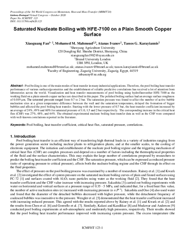 (PDF) Saturated Nucleate Boiling with HFE-7100 on a Plain Smooth Copper ...