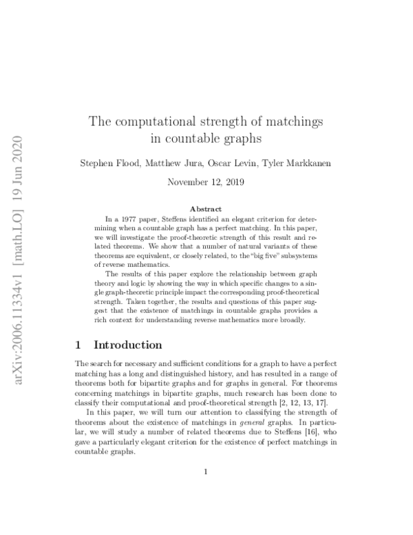 (PDF) The computational strength of matchings in countable graphs