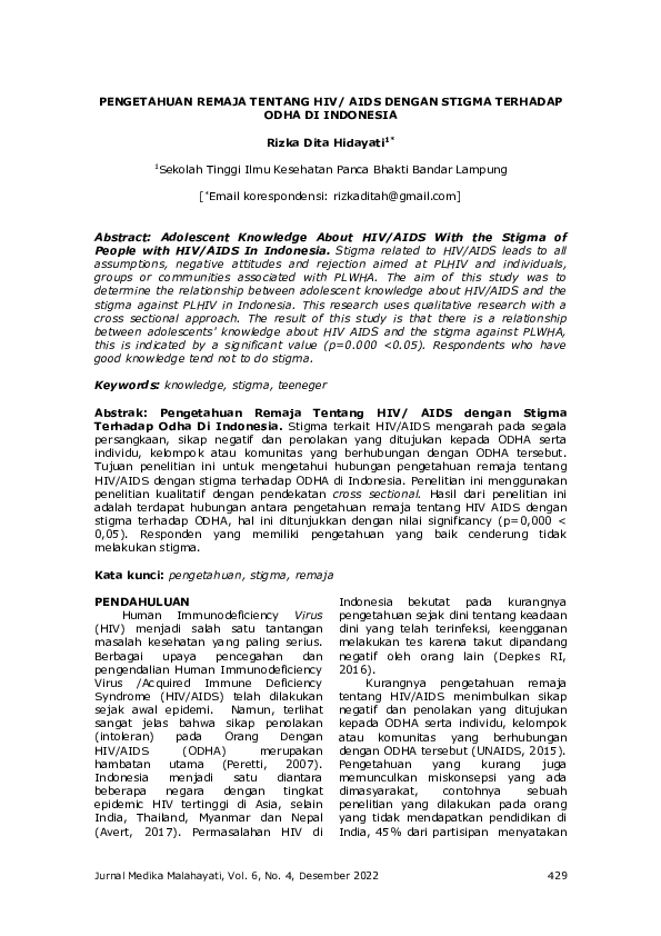 (PDF) Pengetahuan Remaja Tentang Hiv/Aids Terhadap Stigma Terhadap Odha ...