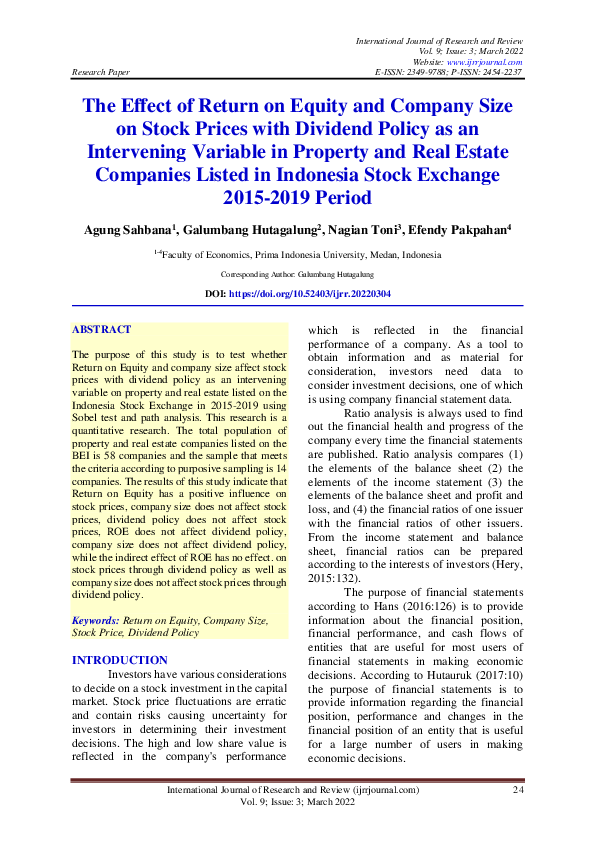 (PDF) The Effect of Return on Equity and Company Size on Stock Prices ...