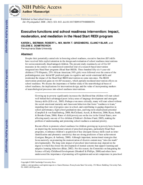 (PDF) Executive functions and school readiness intervention: Impact ...