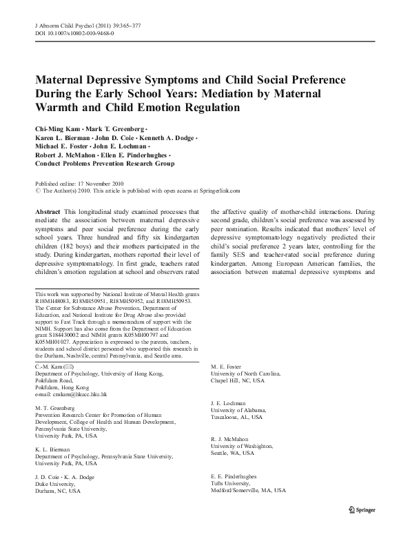 (PDF) Maternal Depressive Symptoms and Child Social Preference During ...
