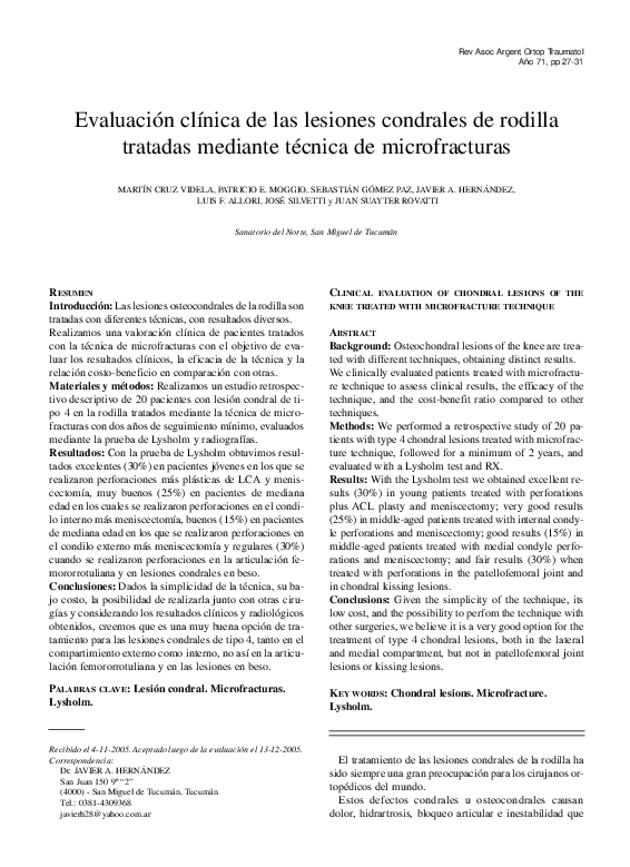 (PDF) Evaluación clínica de las lesiones condrales de rodilla tratadas ...