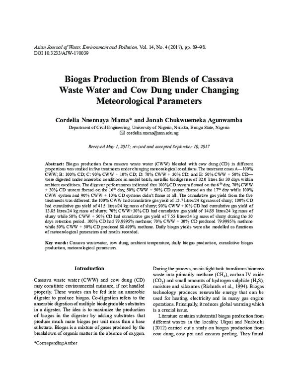 (PDF) Biogas Production from Blends of Cassava Waste Water and Cow Dung ...