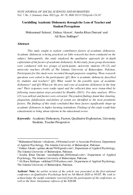 (PDF) Unriddling Academic Dishonesty through the Lens of Teacher and ...