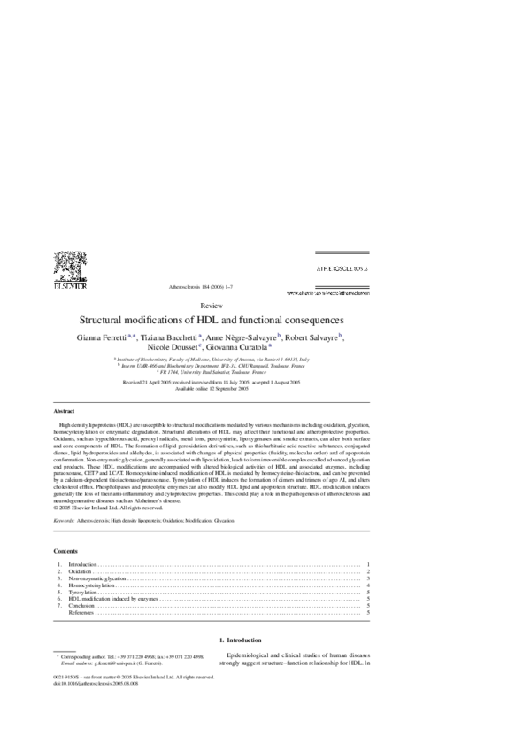 (PDF) Structural modifications of HDL and functional consequences