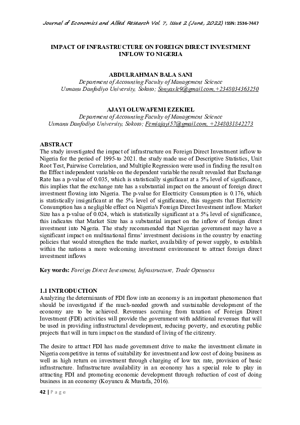 (PDF) IMPACT OF INFRASTRUCTURE ON FOREIGN DIRECT INVESTMENT INFLOW TO ...