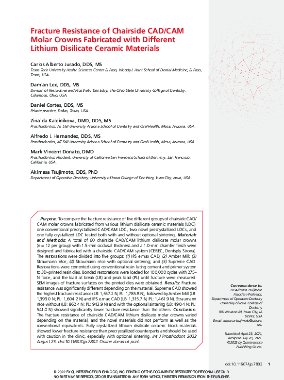(PDF) Fracture Resistance of Chairside CAD/CAM Molar Crowns Fabricated ...