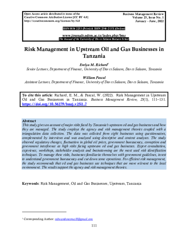 (PDF) Risk Management in Upstream Oil and Gas Businesses in Tanzania