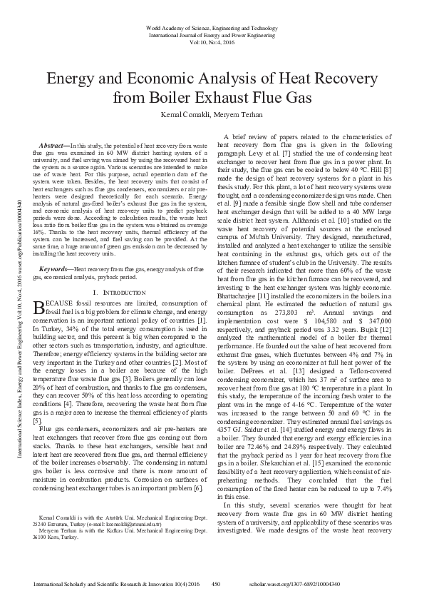 (PDF) Energy And Economic Analysis Of Heat Recovery From Boiler Exhaust ...