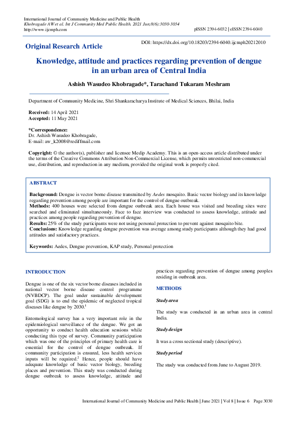 (PDF) Knowledge, attitude and practices regarding prevention of dengue ...