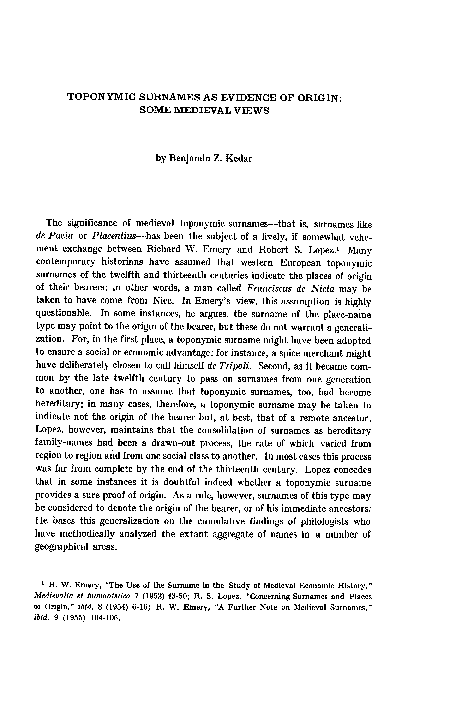 (PDF) Toponymic Surnames as Evidence of Origin: Some Medieval Views