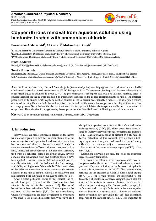 (PDF) Copper (II) ions removal from aqueous solution using bentonite ...