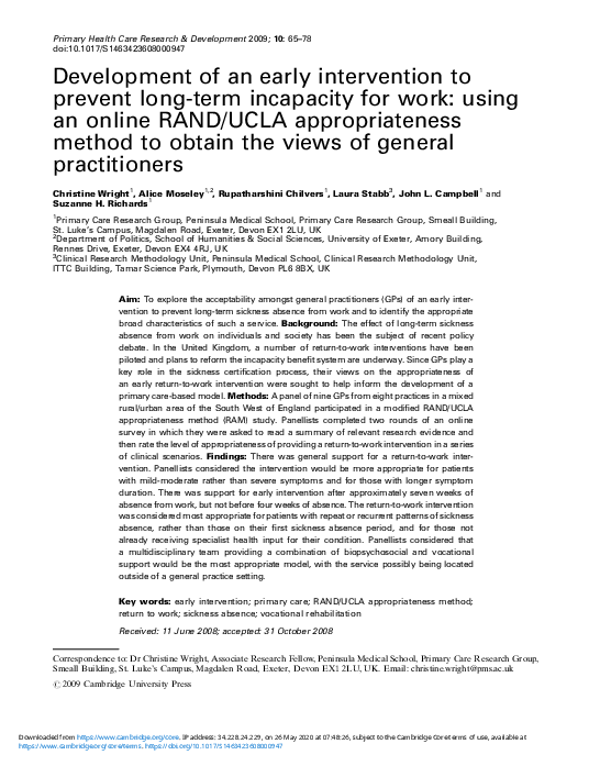 (PDF) Development of an early intervention to prevent long-term ...