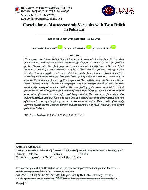 (PDF) Correlation of Macroeconomic Variables with Twin Deficit in Pakistan