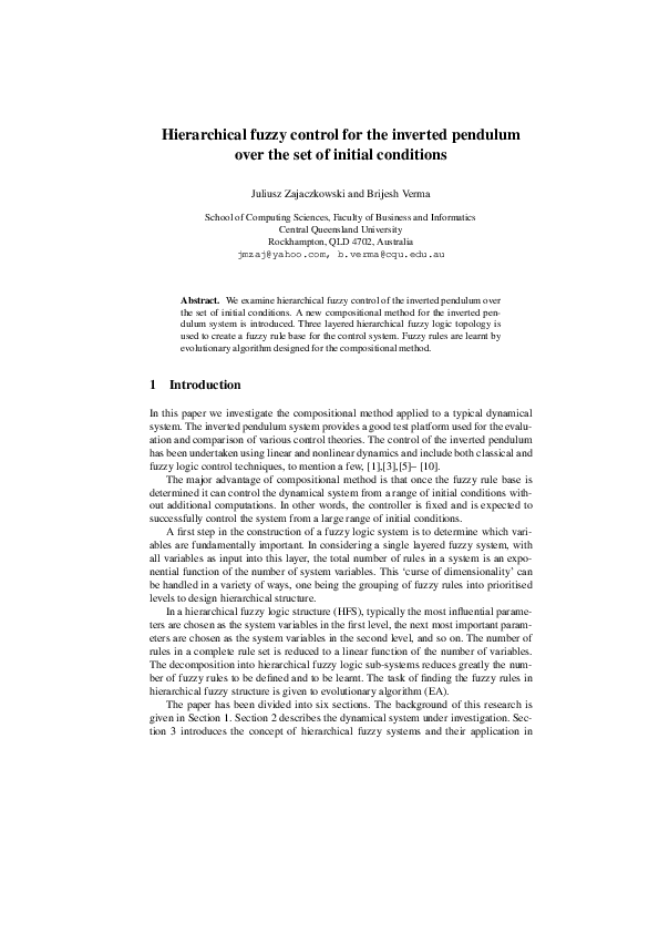 (PDF) Hierarchical Fuzzy Control for Pendulum Stability
