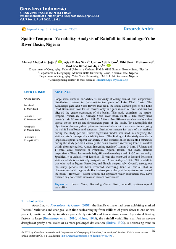 (PDF) Spatio-Temporal Variability Analysis of Rainfall in Kumadugu-Yobe ...