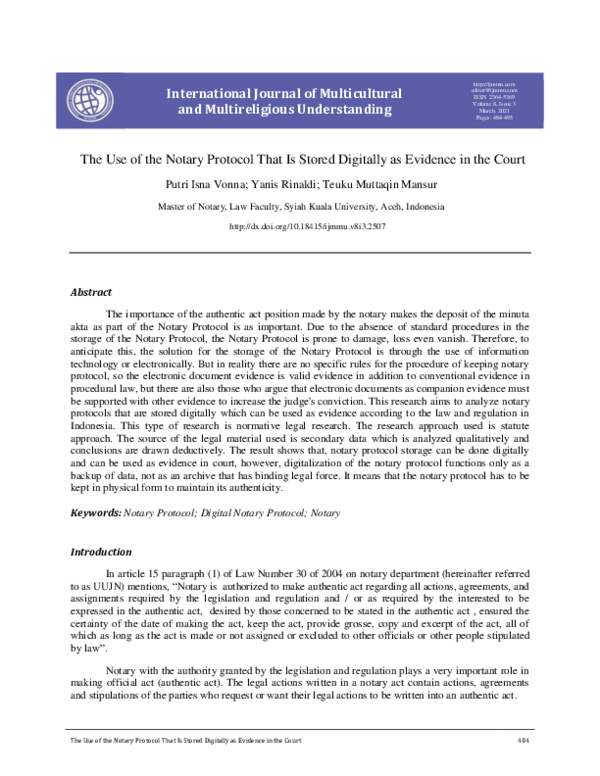 (PDF) The Use of the Notary Protocol That Is Stored Digitally as ...