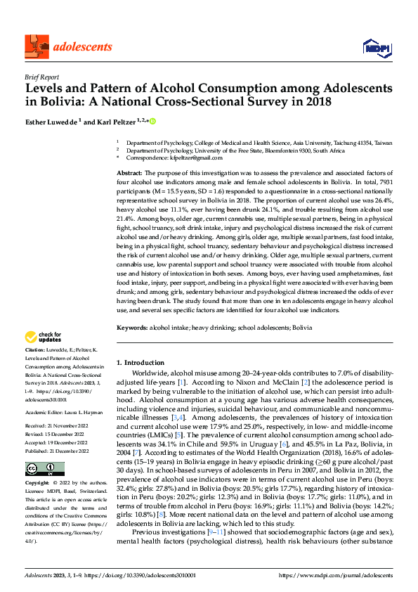 (PDF) Levels and Pattern of Alcohol Consumption among Adolescents in ...
