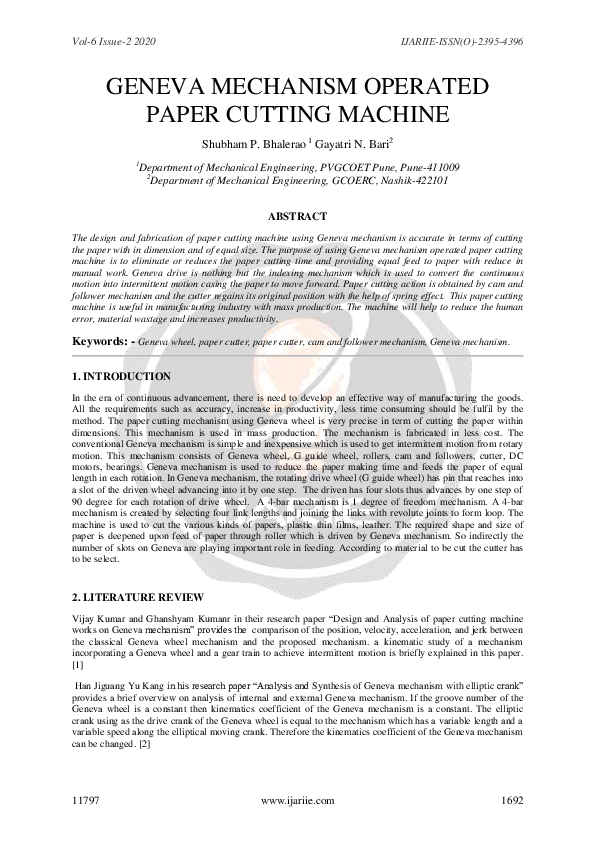 (PDF) Geneva Mechanism Operated Paper Cutting Machine Shubham