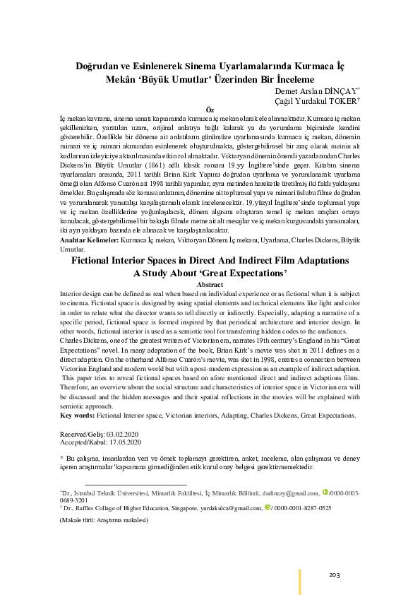 (PDF) Doğrudan ve Esinlenerek Sinema Uyarlamalarında Kurmaca İç Mekan ...