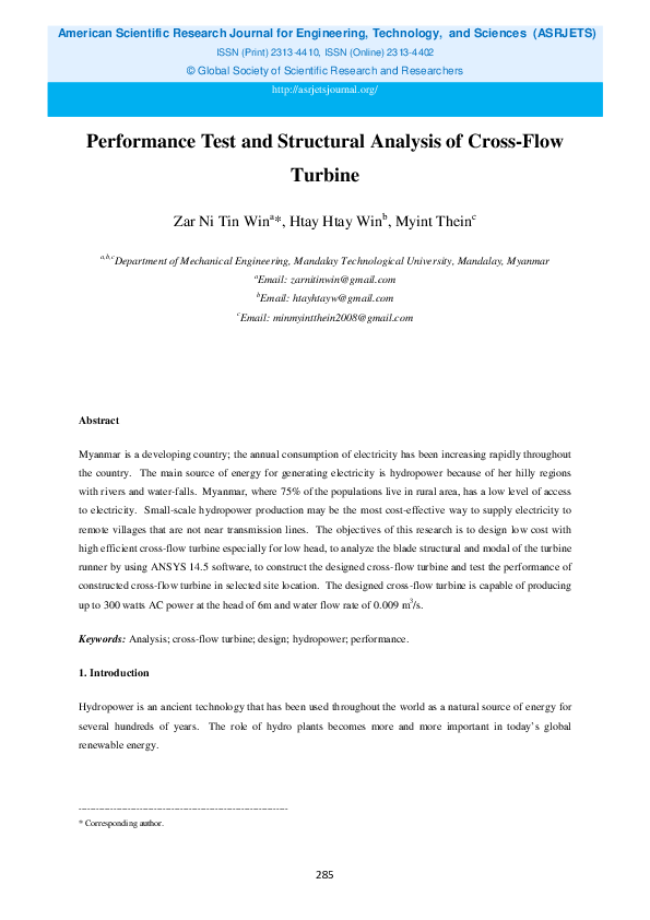 (PDF) Performance Test and Structural Analysis of Cross-Flow Turbine