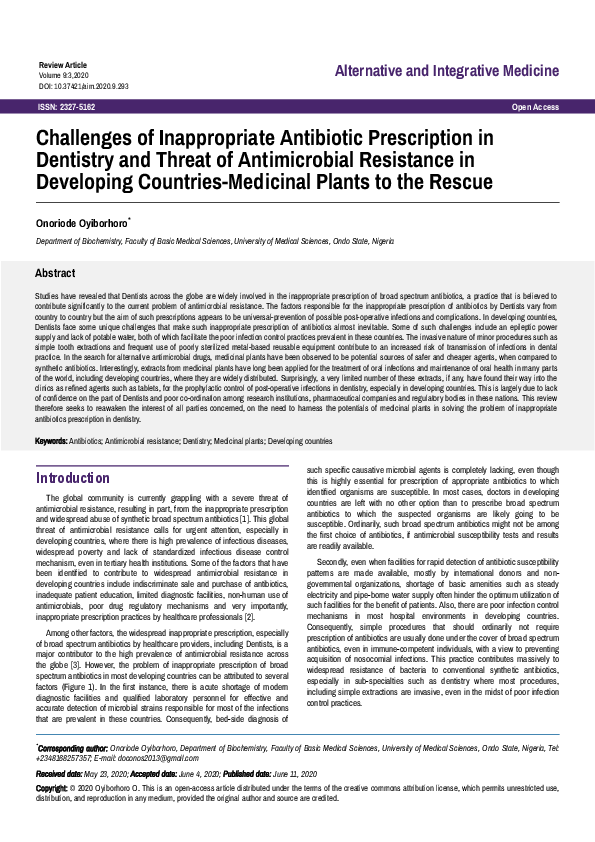 (PDF) Challenges of Inappropriate Antibiotic Prescription in Dentistry ...