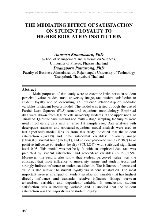 (PDF) The Mediating Effect of Satisfaction on Student Loyalty to Higher ...