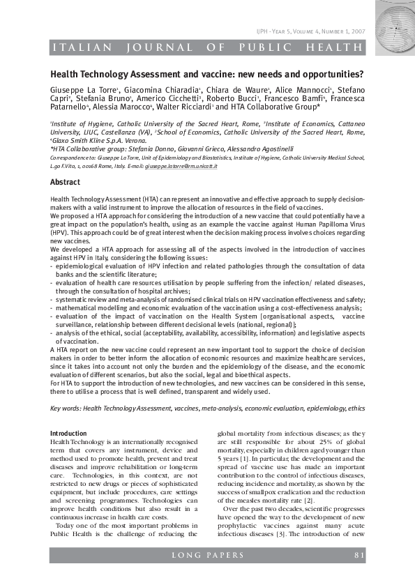 (PDF) Health Technology Assessment and vaccine: new needs and ...
