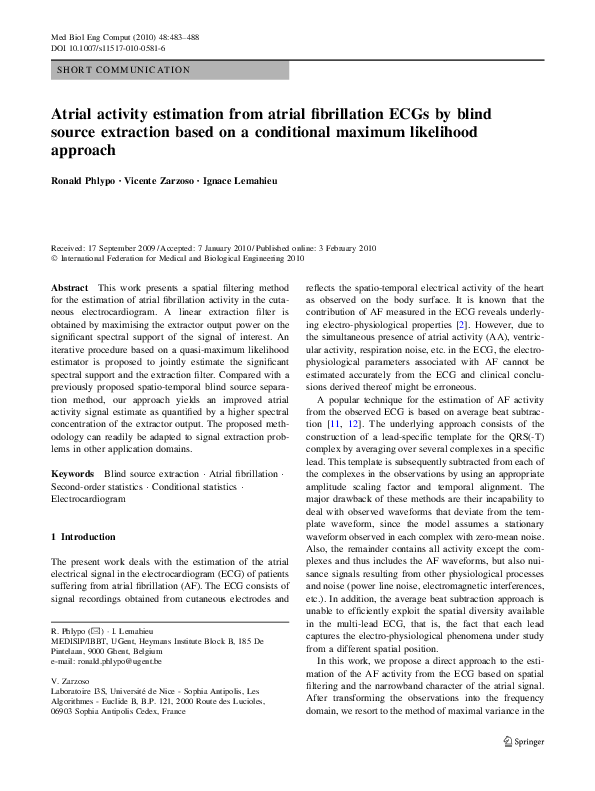 (PDF) Atrial activity estimation from atrial fibrillation ECGs by blind ...
