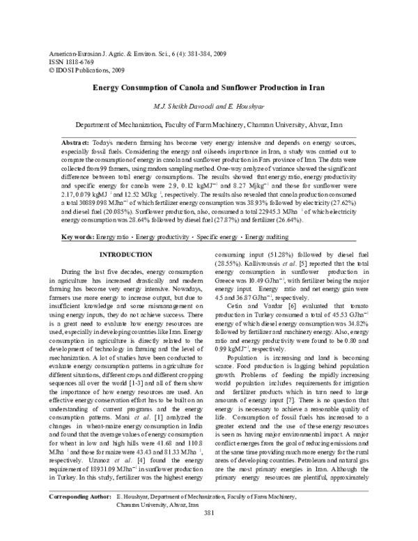 (PDF) Energy Consumption of Canola and Sunflower Production in Iran
