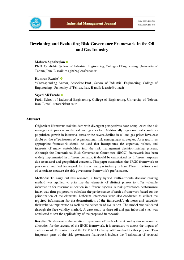 (PDF) Developing and Evaluating Risk Governance Framework in the Oil ...