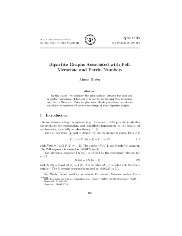 (PDF) Bipartite Graphs Associated with Pell, Mersenne and Perrin Numbers