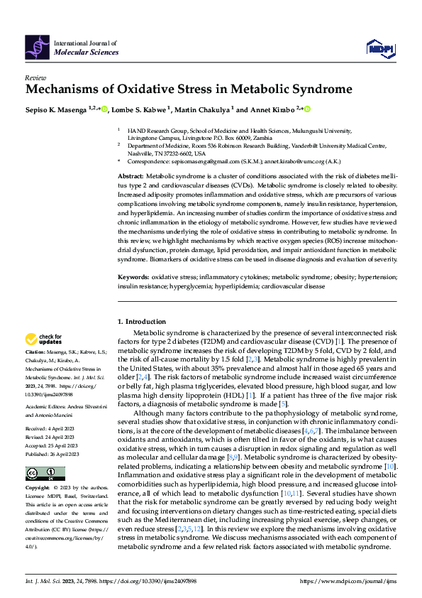 (PDF) Mechanisms of Oxidative Stress in Metabolic Syndrome