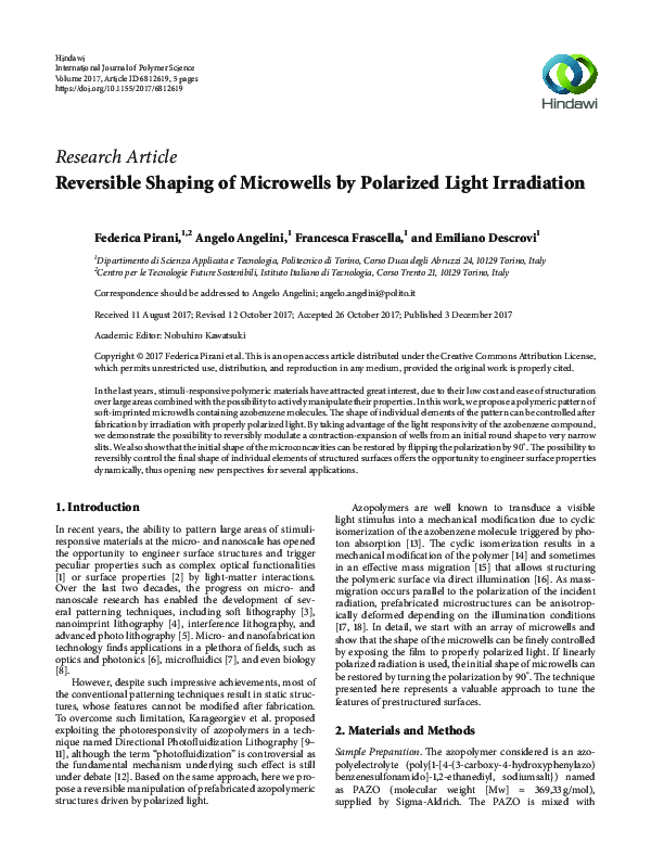 (PDF) Reversible Shaping of Microwells by Polarized Light Irradiation